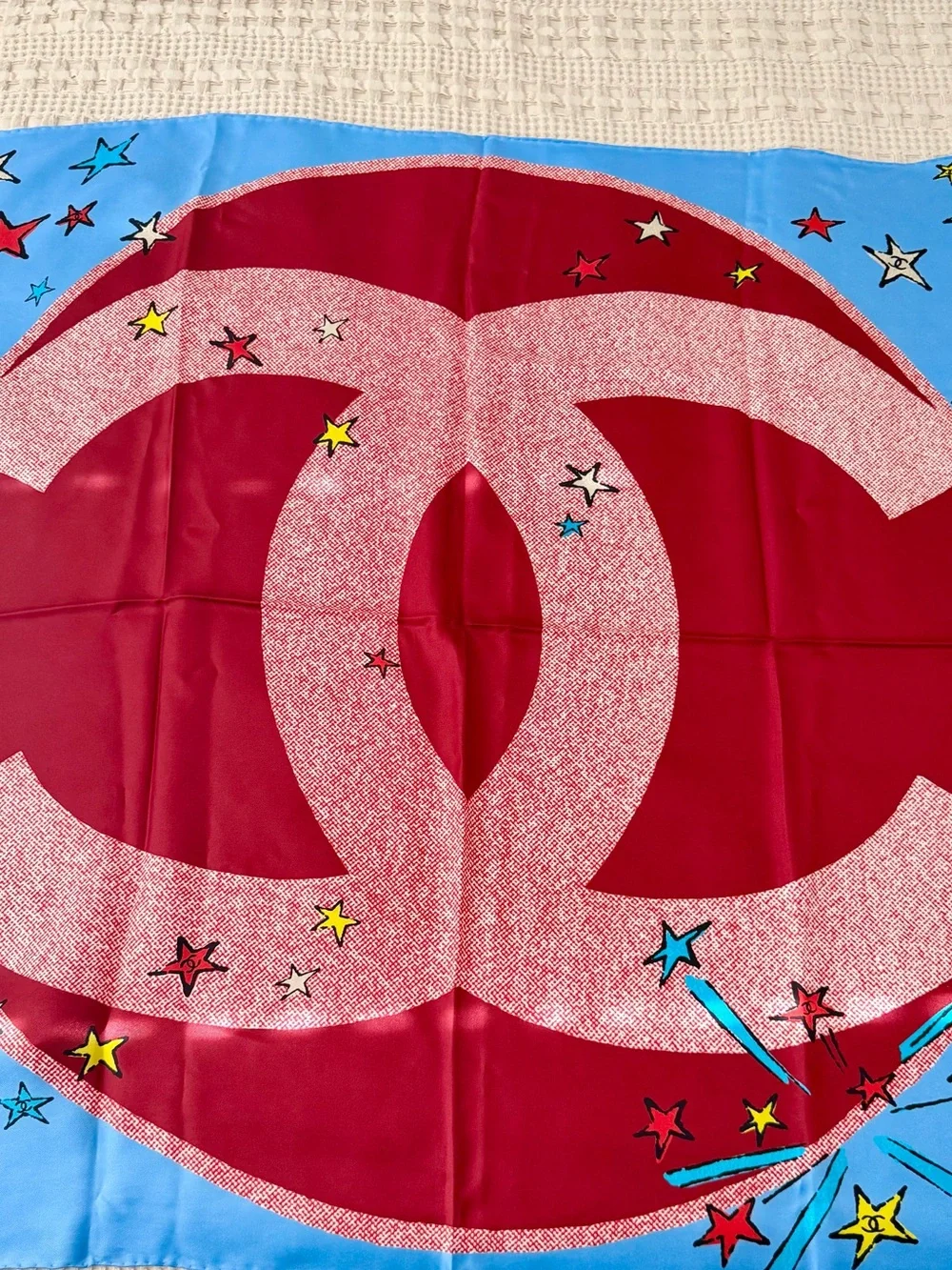 CHANEL Red, Blue & Yellow Star Silk Scarf